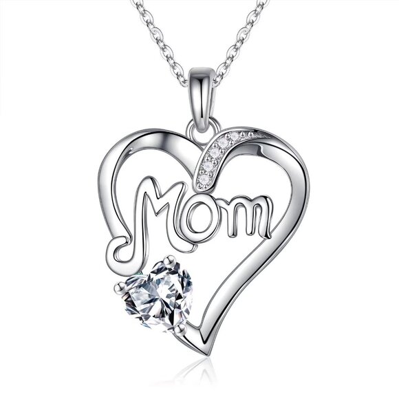 Mom Heart Pendant Necklace, Birthstone Crystal, Clear Crystal, April Birthstone - Picture 1 of 3